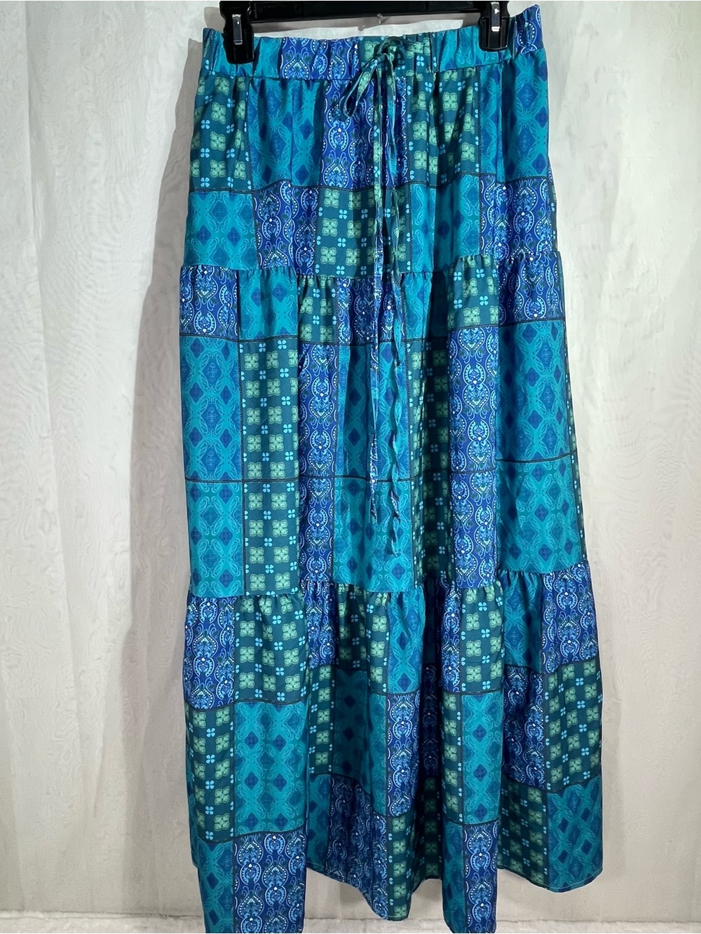 Boho Blue Patchwork Tiered Maxi Skirt Flowy High Waist Pockets Size L